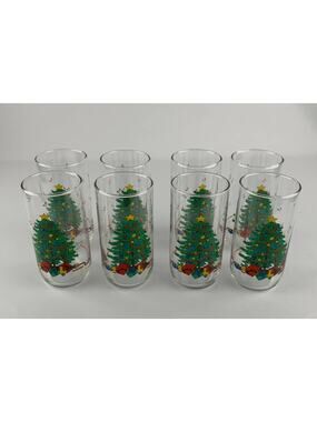 Vintage Christmas Tree Holiday Drinking Tumbler Glass 12 Oz Set Of 8